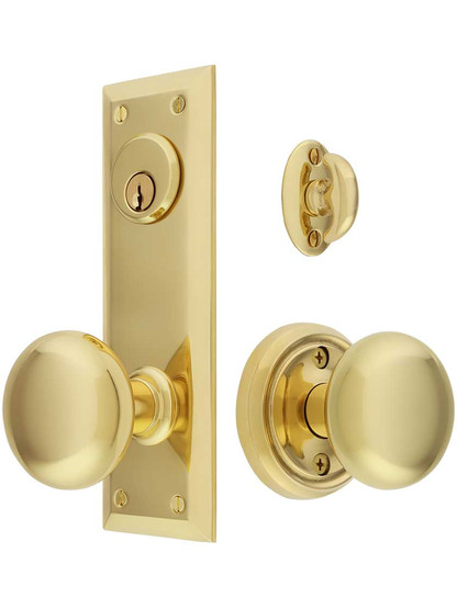 New York Small Plate Mortise Entry Set With Rosette Interior in Polished Brass.
